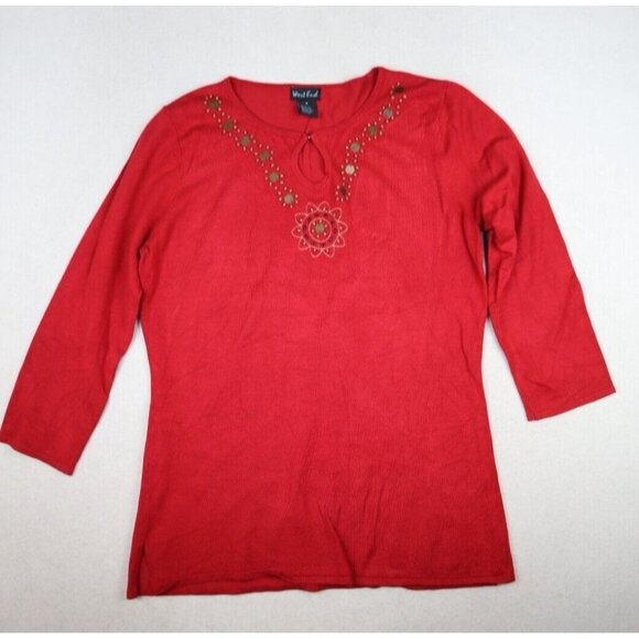 WEST END - WOMEN'S RED 3/4 SLEEVE BEADED PULLOVER SWEATER - SIZE M - Picture 3 of 9